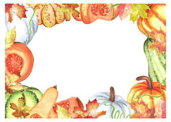Rectangular frame with colorful pumpkins, oak and maple leaves. Fall harvest festival decoration. Vegetable garden clipart. Hand-drawn watercolor illustration for printing design, postcards