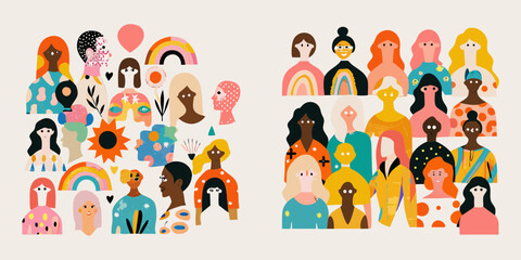 Diverse group of women with varied skin tones and hairstyles celebrating together with colorful abstract elements