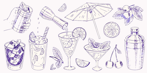 Hand drawn sketch of refreshing summer cocktails with ice citrus fruits and garnishes for a party