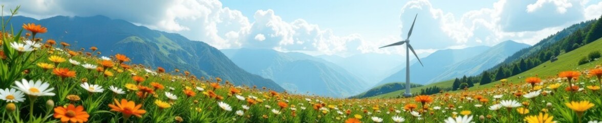 Futuristic wind turbine, wildflowers carpet mountainside , energy, environment