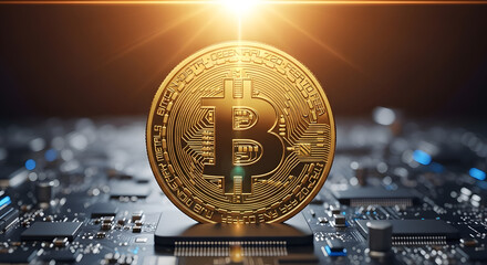 Shining Golden Bitcoin Cryptocurrency Coin on a Detailed Computer Circuit Board with Bright Flare