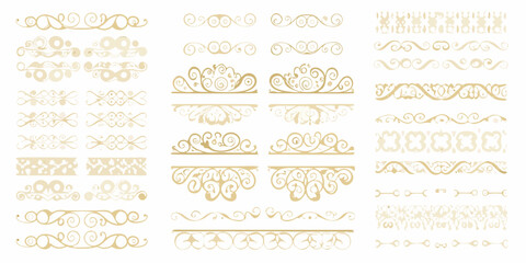 Collection of elegant gold decorative flourishes and ornate borders for design elements