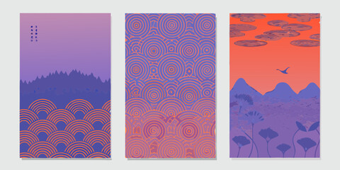 Triptych of japanese inspired abstract landscapes with mountains waves and floral motifs in purple and orange gradient colors © Milton