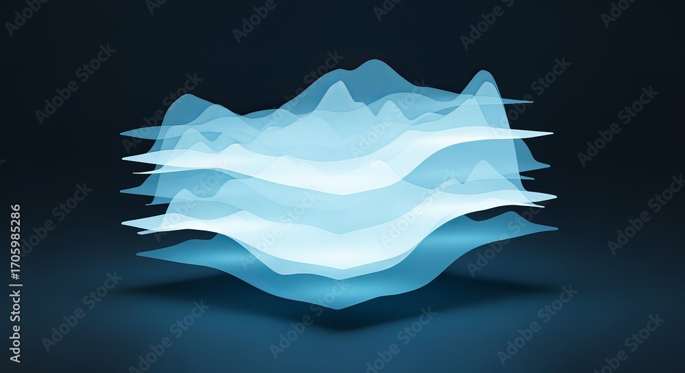 Poster abstract data visualization: an artistic representation of data, rendered in glowing, translucent la
