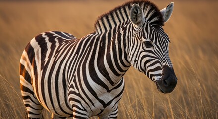 Fototapeta premium Zebra Standing in Field of Tall Grass in Warm Light