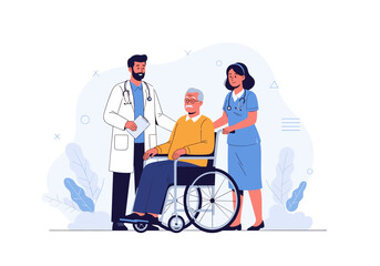 Doctor and nurse assisting elderly man in wheelchair.