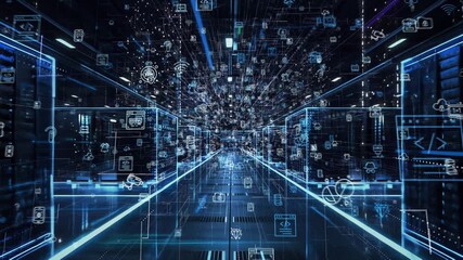 AI-generated depicting a high-tech data center corridor with illuminated racks and sleek design - Powered by Adobe