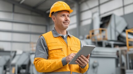 Construction Worker in Safety Gear Using Tablet Device in Industrial Environment for Project Management and Coordination Tasks in Warehouse Setting