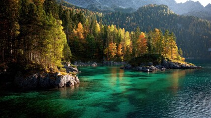Emerald lake reflects a forest of autumn hues, bordered by mountains under a soft, golden light, creating a serene, picturesque landscape