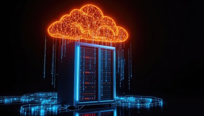 Bright cloud computing concept with network server, neon lighting, dark background showcasing future technology