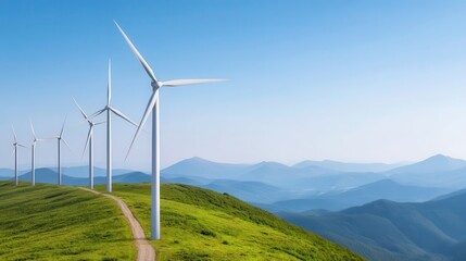 A serene landscape featuring multiple wind turbines on a grassy hill, set against a backdrop of rolling mountains and a clear blue sky.