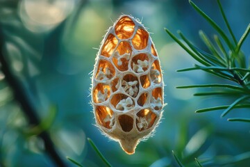 A close-up of a delicate, honeycomb-like seed pod backlit by sunlight, hanging from a pine branch.
