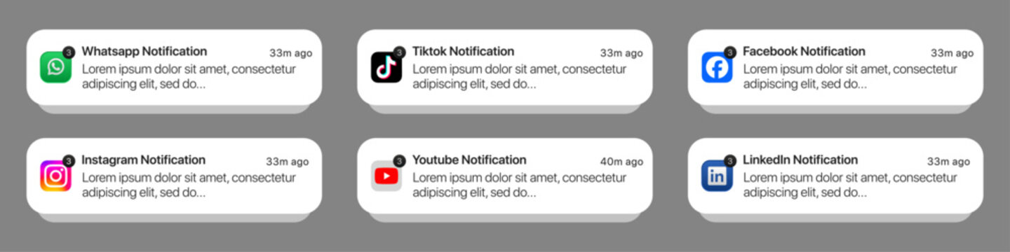 iOS notification mockup. WhatsApp, TikTok, Facebook, Instagram, YouTube & LinkedIn iOS notification UI mockup template. chat alerts, message UI mockup