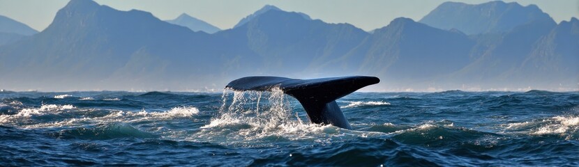 Fototapeta premium The whale tail breaches the sea, spraying water, with mountains and a hazy sky in background