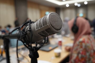 Close-up of a microphone in a conference room