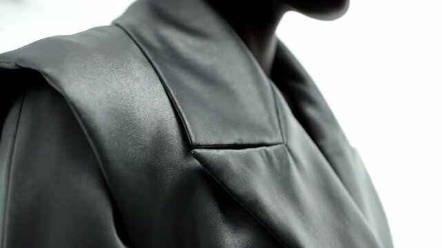 Close-up of a stylish black leather jacket with sharp lapels and smooth texture, captured in bright daylight, highlighting the sleek design and modern fashion appeal, perfect for contemporary urban