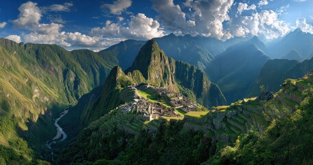 Panoramic view of an ancient stone city nestled high in the Andes mountains, with lush greenery, terraced fields, and a winding river below