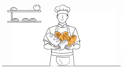 Minimalist line art of a professional baker in a chef uniform proudly holding an armful of artisanal bread