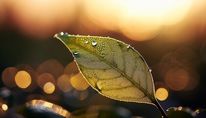 Detailed Close Up Of A Leaf With Dew And Golden Bokeh Background
