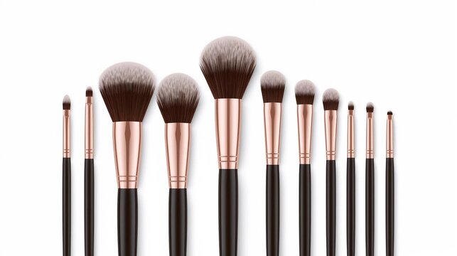 A clean, minimalist vector illustration of a set of makeup brushes with various head shapes, neatly arranged against a plain white background. The brushes have sleek, metallic handles and soft brushes - Powered by Adobe