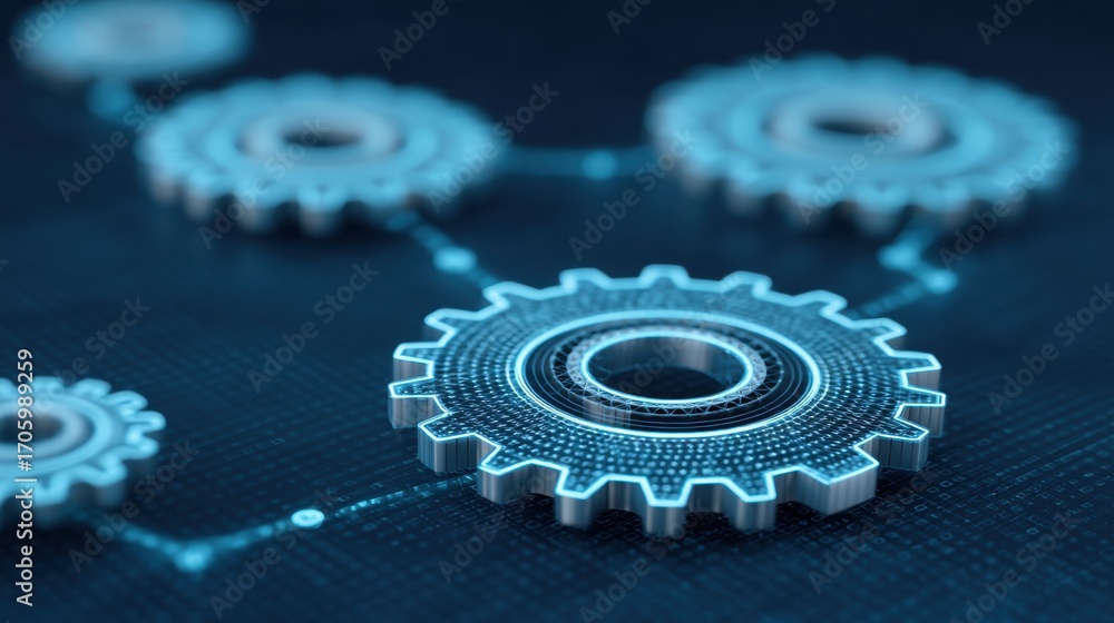 Poster close-up view of digital gears with circuit pattern symbolizing technology, automation, and innovati