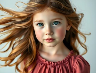 Naklejka premium Professional photography, volumetric lighting. Adorable girl with flowing hair, rosy cheeks, freckles, charming dress. Rich deep teal, visible light beams, white background. Full body shot, luxurious.