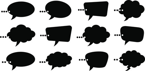 Silhouette vector of twelve speech and thought bubbles in black and white comic-style design for dialogue, message, and graphic use