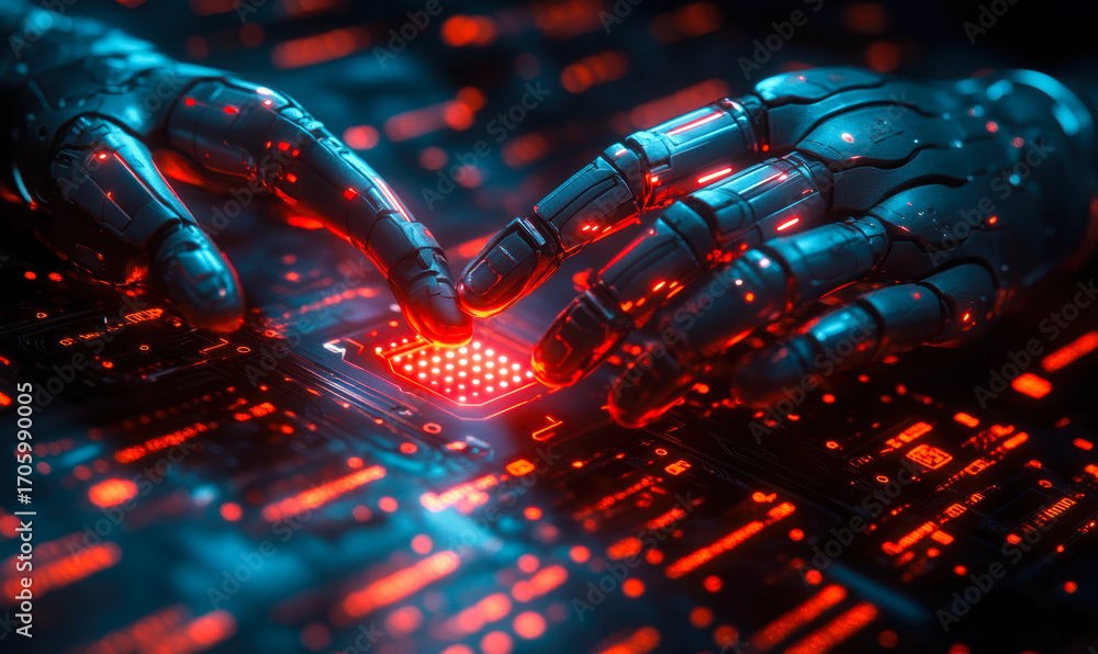 Aufkleber futuristic robotic hands interacting with glowing red microchip on electronic circuit board closeup 