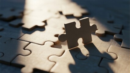 Fototapeta premium A single puzzle piece standing upright among a partially completed puzzle under warm lighting.