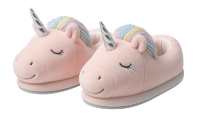 Soft unicorn slippers featuring pastel mane and shiny horn