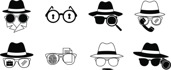 Black and white spy and detective icon set with sunglasses, hats, and investigation or surveillance symbols