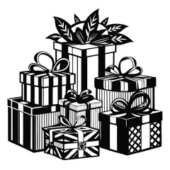 Stylized Black and White Illustration of Stacked Gift Boxes with Ribbons and Foliage for Celebration Themes