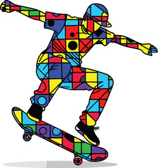 Colorful mosaic skateboarder performing a trick