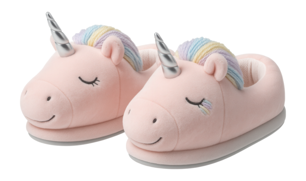 Soft unicorn slippers featuring pastel mane and shiny horn - Powered by Adobe