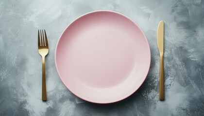 Pink Plate And Gold Cutlery Set Against A Grey Background: A Stylish And Elegant Display Of Tableware In A Chic Setting