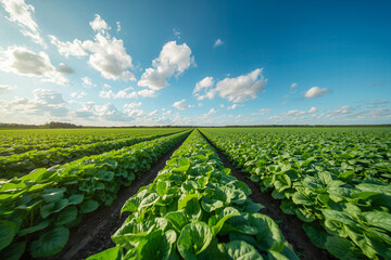 Fototapeta premium Green vegetable fram field row perspective view landscpae, fresh food agriculutre farmland with blue sky
