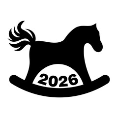 Rocking Horse Silhouette with 2026 Year.  Ideal for New Year greetings, calendars, festive designs, childrens themes or symbolic graphics related to 2026.