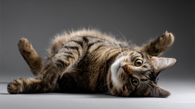 Playful tabby cat lying on its back with curious expression