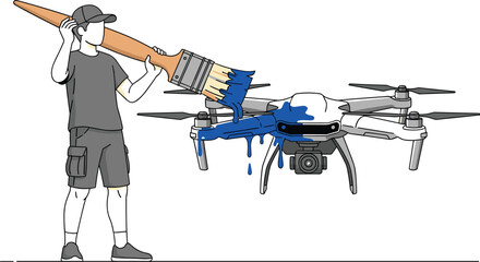Man paints drone with blue paint using oversized paintbrush