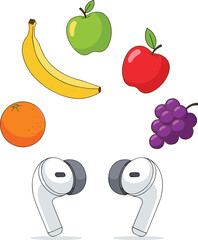 Cartoon illustration of wireless earbuds with fruit floating above