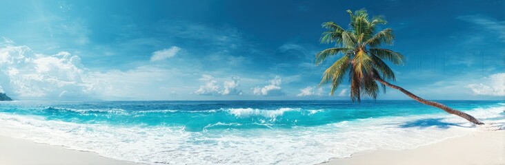 White sand beach with turquoise ocean and leaning palm tree under a bright blue sky with puffy clouds on a sunny day; tranquil, relaxing seascape