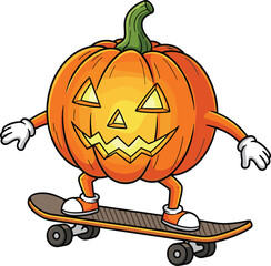 Cartoon pumpkin character skateboarding illustration