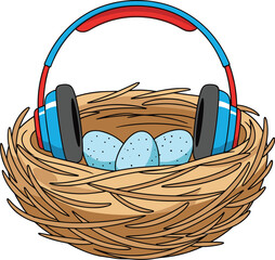 Cartoon bird's nest with eggs and headphones