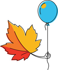 Cartoon leaf holding a blue balloon on white background