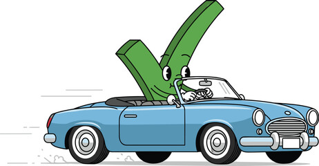 Cartoon check mark character driving a blue convertible car with motion lines