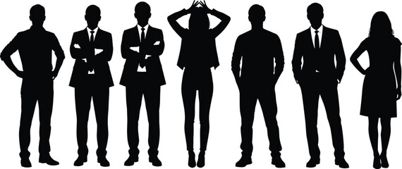 Silhouettes of diverse professionals in formal attire with expressive poses, ideal for teamwork, branding, corporate identity, and vector illustration