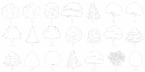 Collection of diverse stylized white trees on a clean white background representing nature and seasons