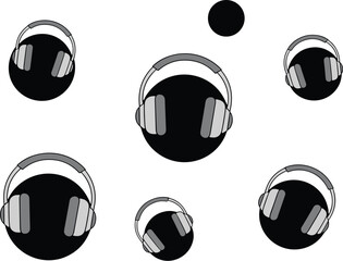 Over-ear headphones pattern on black circles and a single black circle isolated on white background