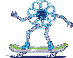 Cartoon flower rides skateboard with smiling face