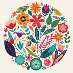 Vibrant Floral Circle A Cheerful and Colorful Botanical Composition Bursting with Whimsical Blooms and Delightful Foliage in a Harmonious Arrangement